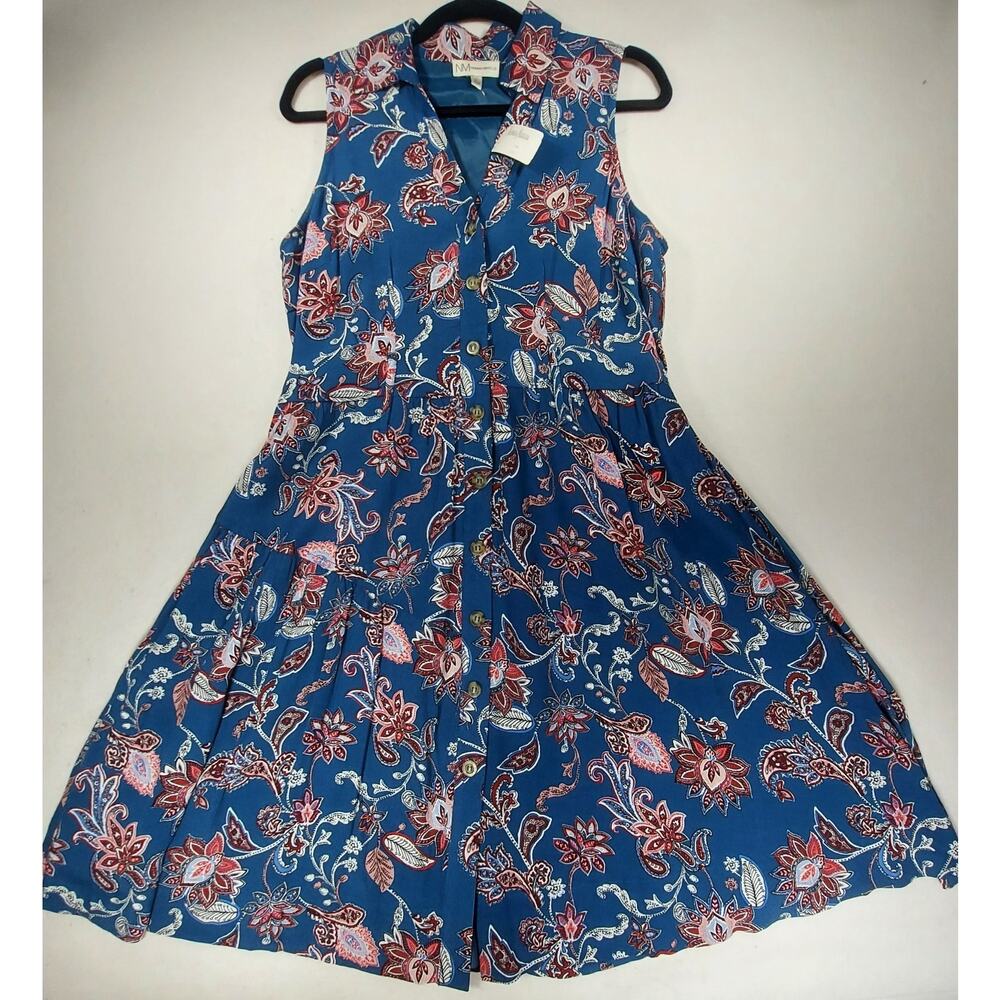Neiman Marcus Paisley Floral A-Line Midi Dress Women L Button Down Cottage NWT